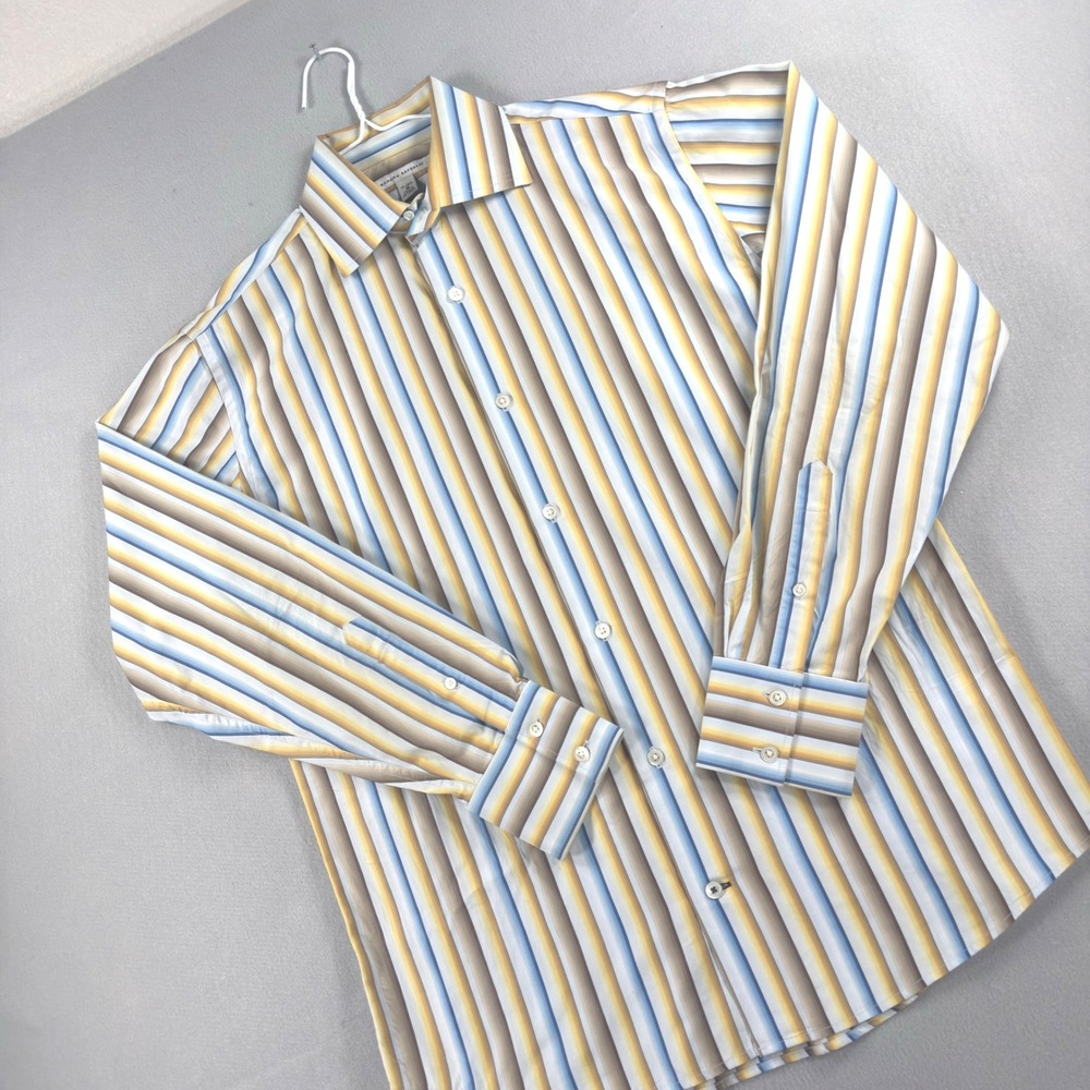 Banana Republic Mens Medium Striped Button Down Shirt Blue Yellow Brown Cotton